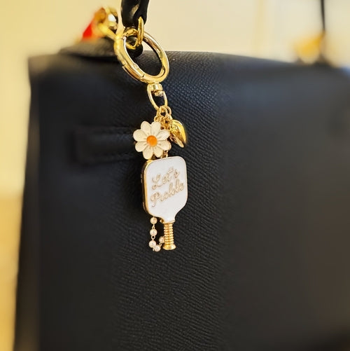 Pickleball Daisy Bag Charm – Sporty Floral Accessory with Paddle and