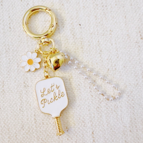 Pickleball Daisy Bag Charm – Sporty Floral Accessory with Paddle and
